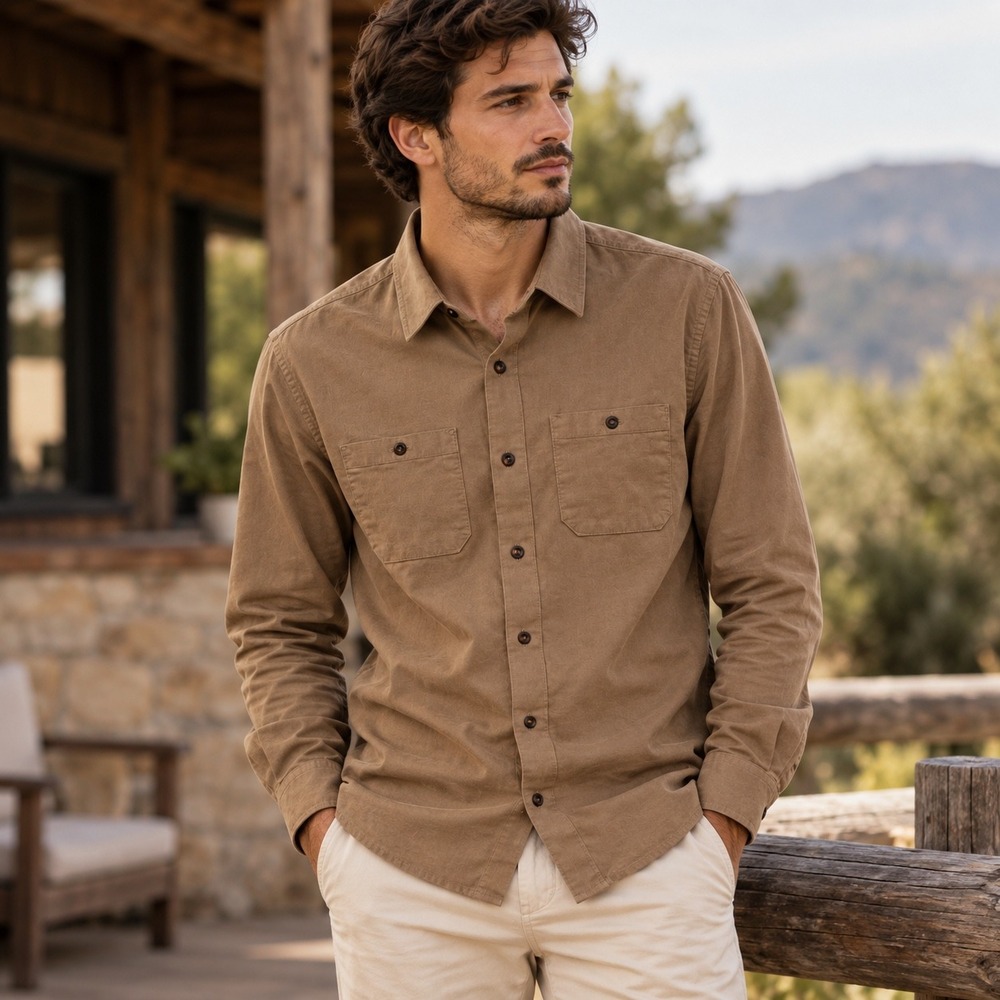 TravisMathew Mens Tan Brown Long Sleeve Button Down Shirt Dual Pocket Size M